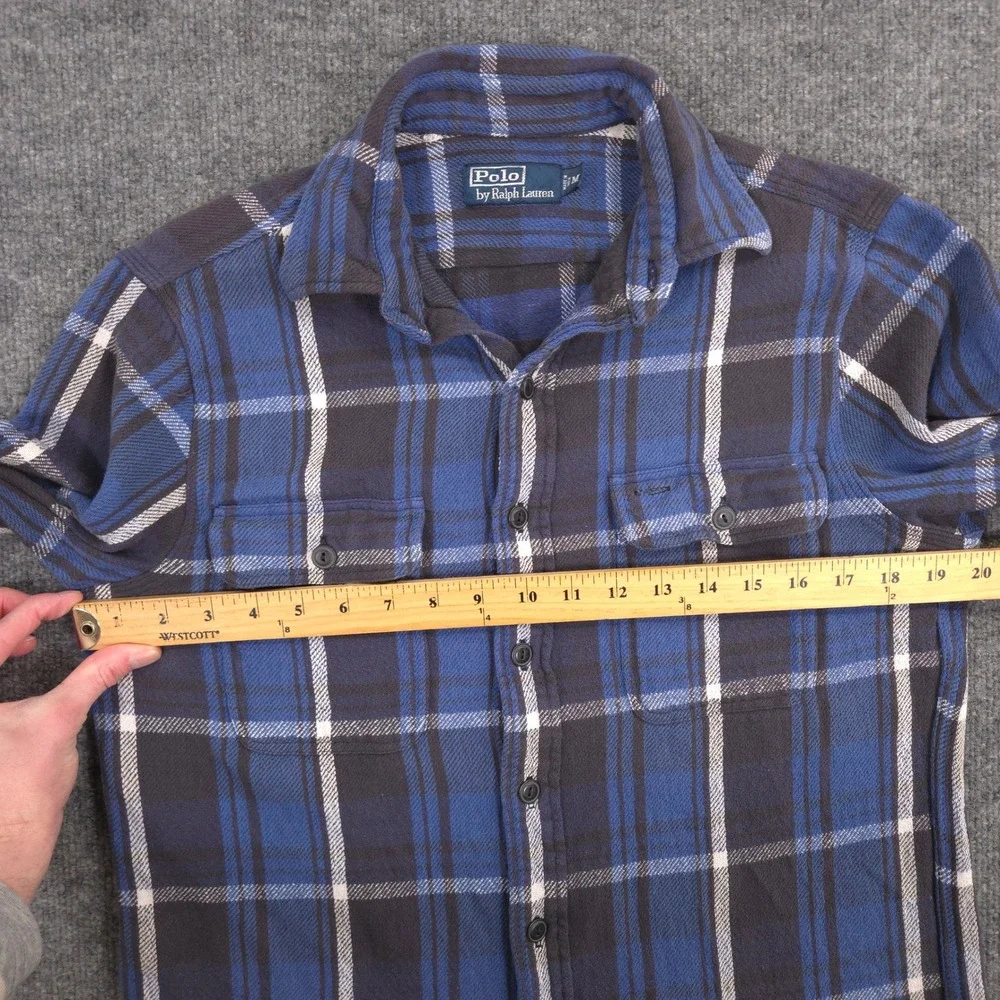 Vintage Polo Ralph Lauren Flannel Work Shirt Mens M Blue Plaid Pencil Pocket 90s